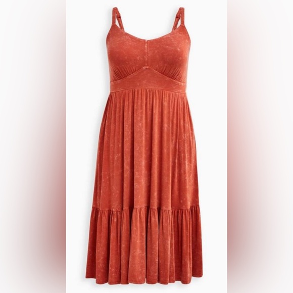 Torrid Tiered Midi Skater Dress - Super Soft Orange Wash - Picture 2 of 11